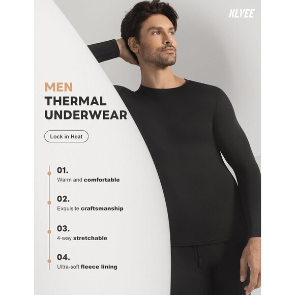 Men's Black Long Johns Imported Thermal Underwear Fleece Lined for Cold Weather - Picture 2 of 6